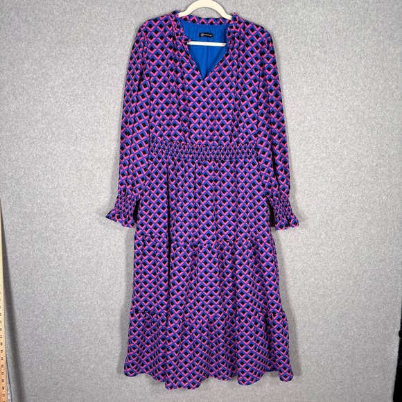 PrettyGarden Dresses & Skirts - Pretty Garden Tiered Midi Dress XL Pink Blue Geometric Smocked Retro Maximalist